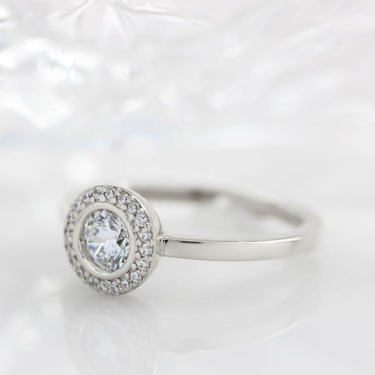 Round Diamond Halo Moissanite Engagement Ring Thin Band - Aria - Moissanite Rings