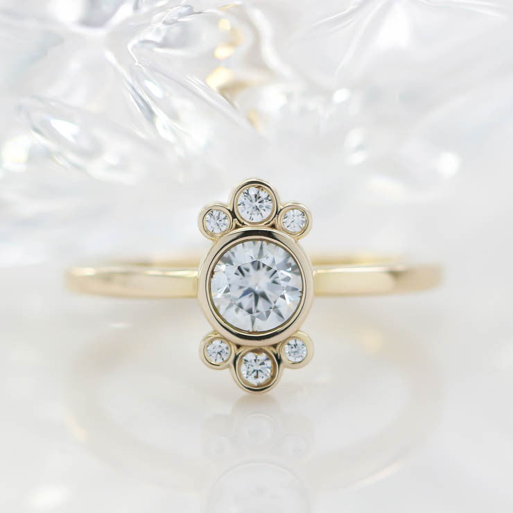 Bezel Set Diamond Halo Moissanite Engagement Ring - Eleanor - Moissanite Rings