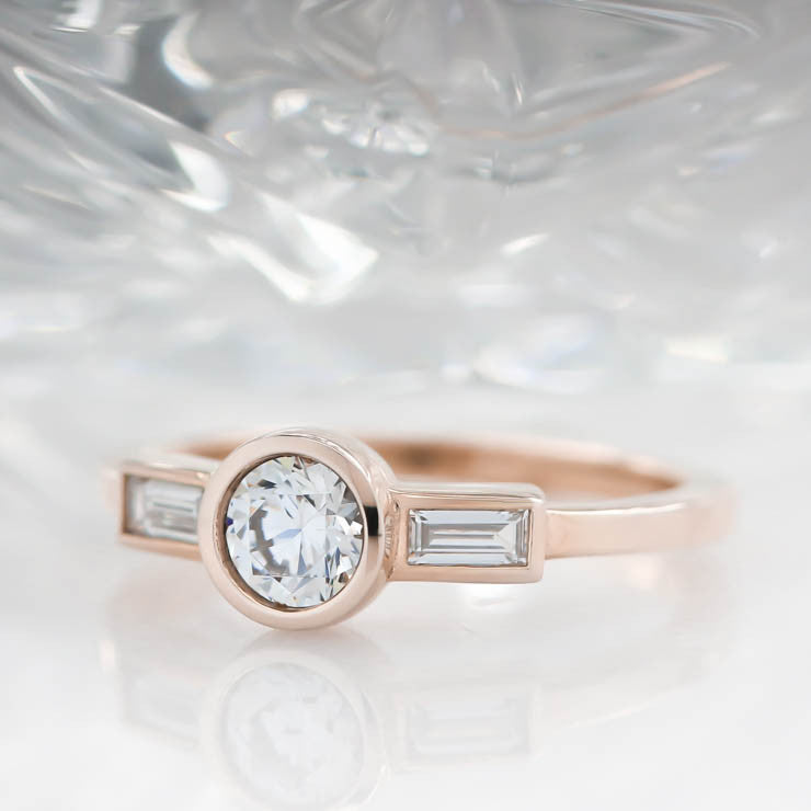 Diamond Baguette and Round Center Engagement Ring Moissanite Diamond Thin Band Ring - Claire - Moissanite Rings