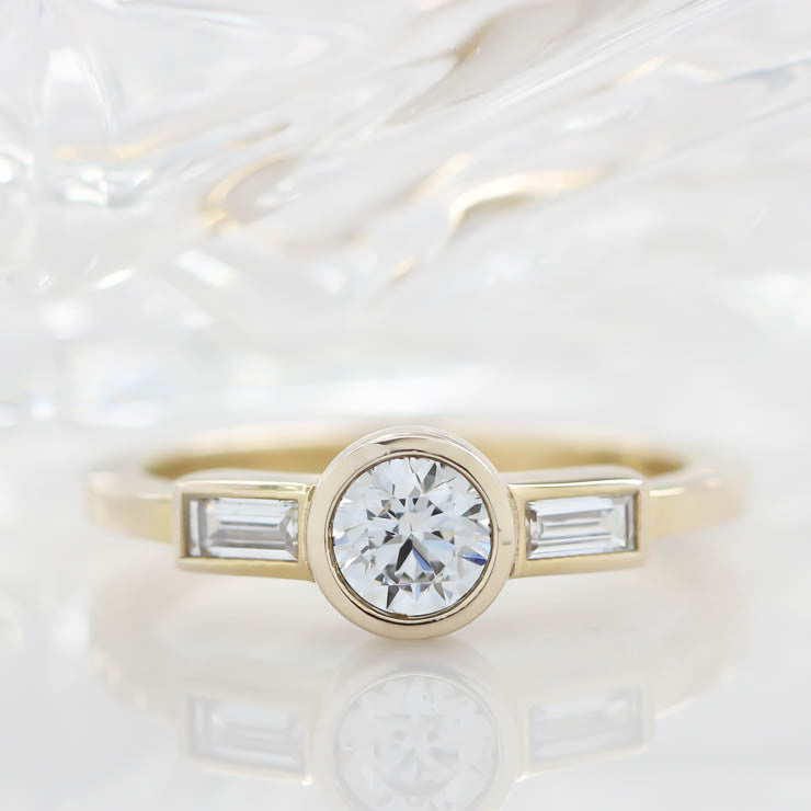 Diamond Baguette and Round Center Engagement Ring Moissanite Diamond Thin Band Ring - Claire - Moissanite Rings