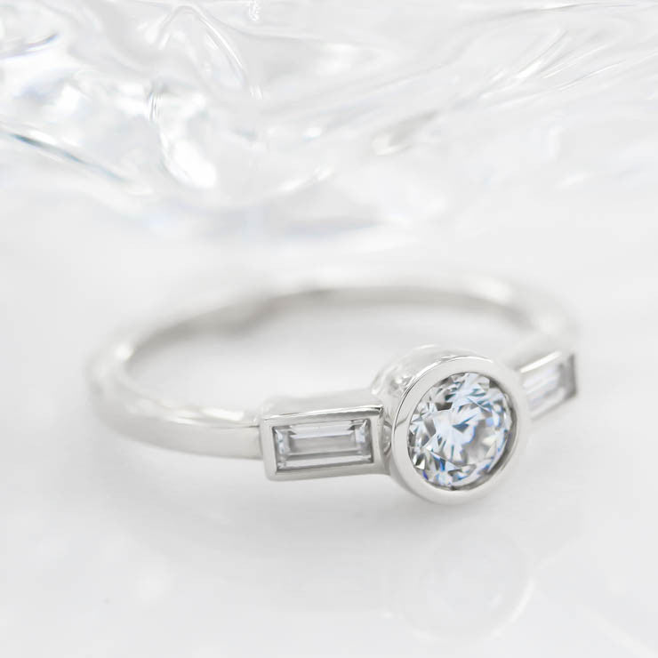 Diamond Baguette and Round Center Engagement Ring Moissanite Diamond Thin Band Ring - Claire - Moissanite Rings