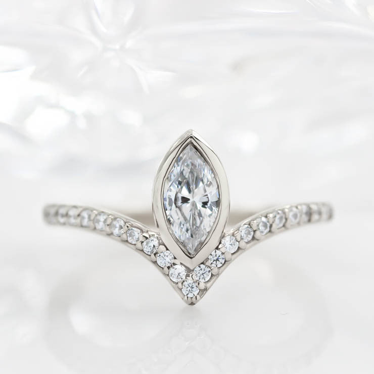 Diamond Chevron Halo Engagement Ring Marquise Center Stone Ring Moissanite Engagement - Aurora - Moissanite Rings