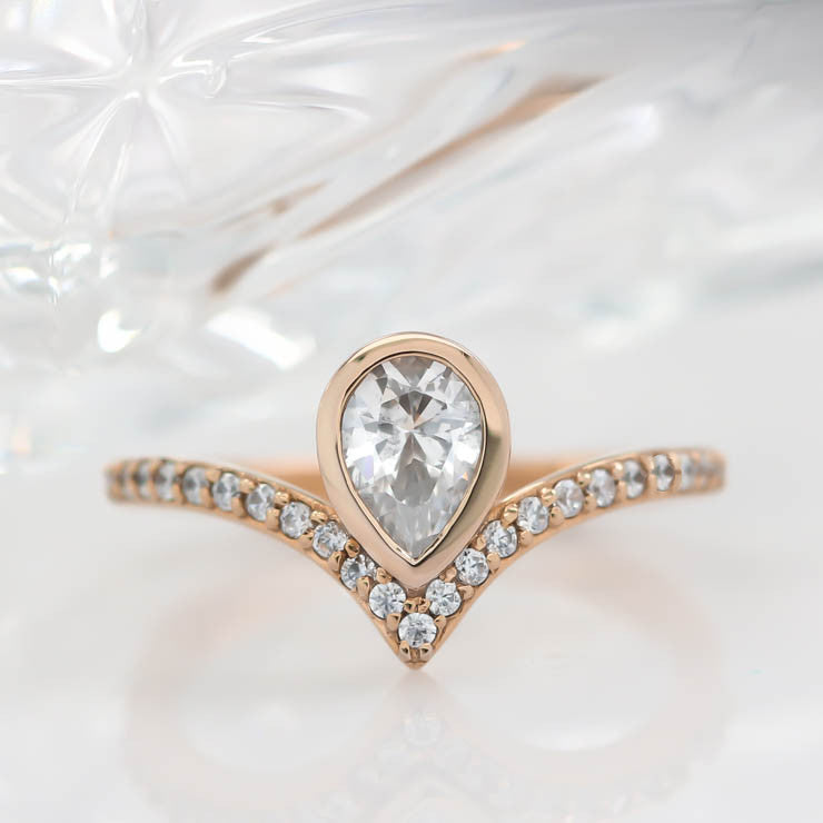 Bezel Set Pear Halo Engagement Ring Chevron Diamond Halo Unique Ring Moissanite Diamond Ring - Violet - Moissanite Rings