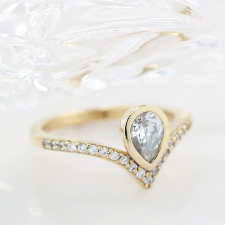 Bezel Set Pear Halo Engagement Ring Chevron Diamond Halo Unique Ring Moissanite Diamond Ring - Violet - Moissanite Rings