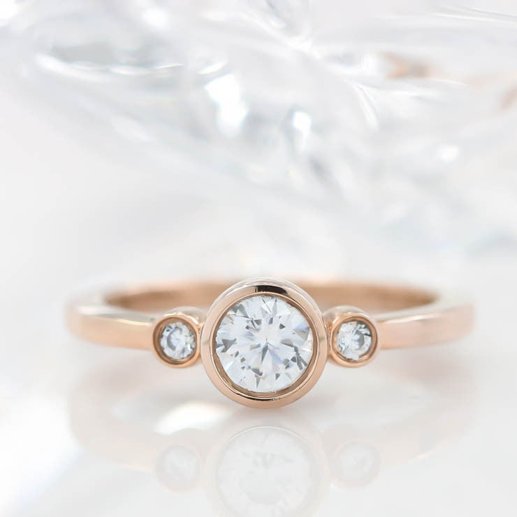 Dainty Round Bezel Set Three Stone Engagement Ring Diamond Setting Moissanite Center Stone - Lucy - Moissanite Rings