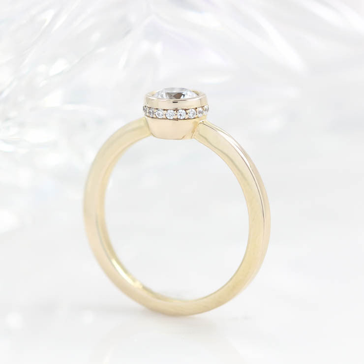 Hidden Halo Engagement Ring Bezel Set Moissanite Center Stone Thin Band Solitaire Ring - Alexa - Moissanite Rings