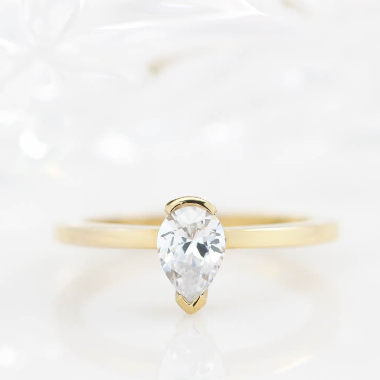 Half Bezel Moissanite Engagement Ring Pear Shaped Solitaire Engagement Ring - Gabriella - Moissanite Rings