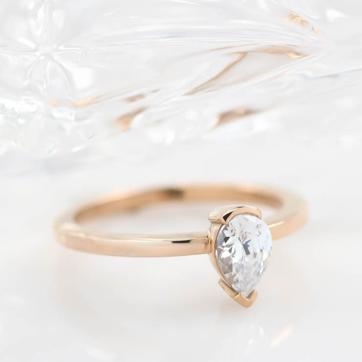 Half Bezel Moissanite Engagement Ring Pear Shaped Solitaire Engagement Ring - Gabriella - Moissanite Rings