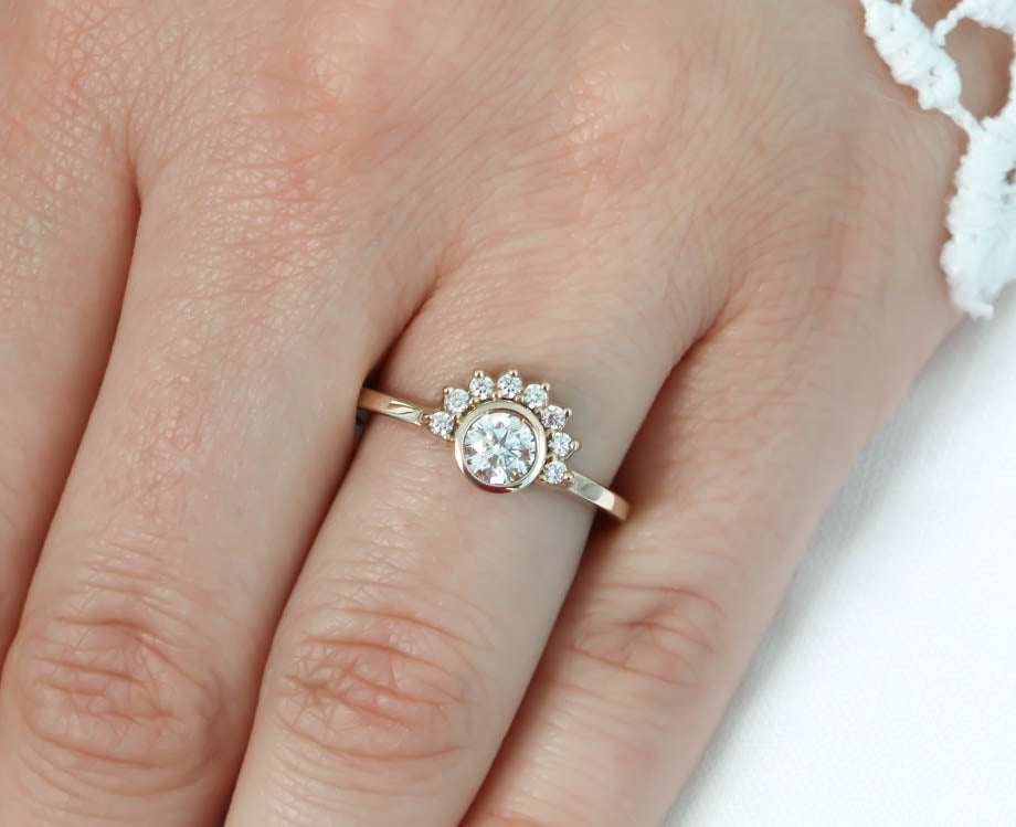Half Halo Moissanite Engagement Ring Diamond Setting Bezel Set Ring - Isabella - Moissanite Rings