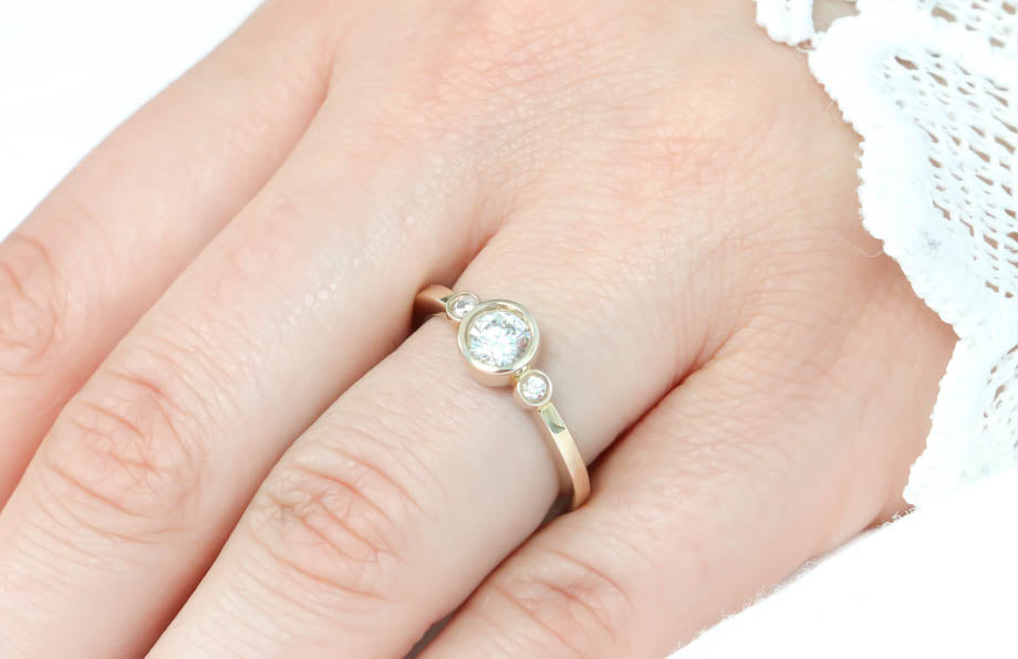 Dainty Round Bezel Set Three Stone Engagement Ring Diamond Setting Moissanite Center Stone - Lucy - Moissanite Rings
