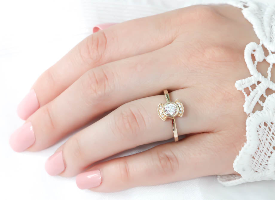 Round Moissanite Engagement Ring Diamond Setting Thin Band Ring Bezel Set Center Stone - Juliette - Moissanite Rings