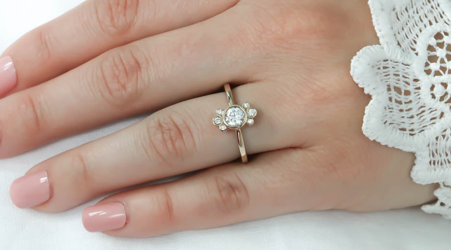 Bezel Set Diamond Halo Moissanite Engagement Ring - Eleanor - Moissanite Rings