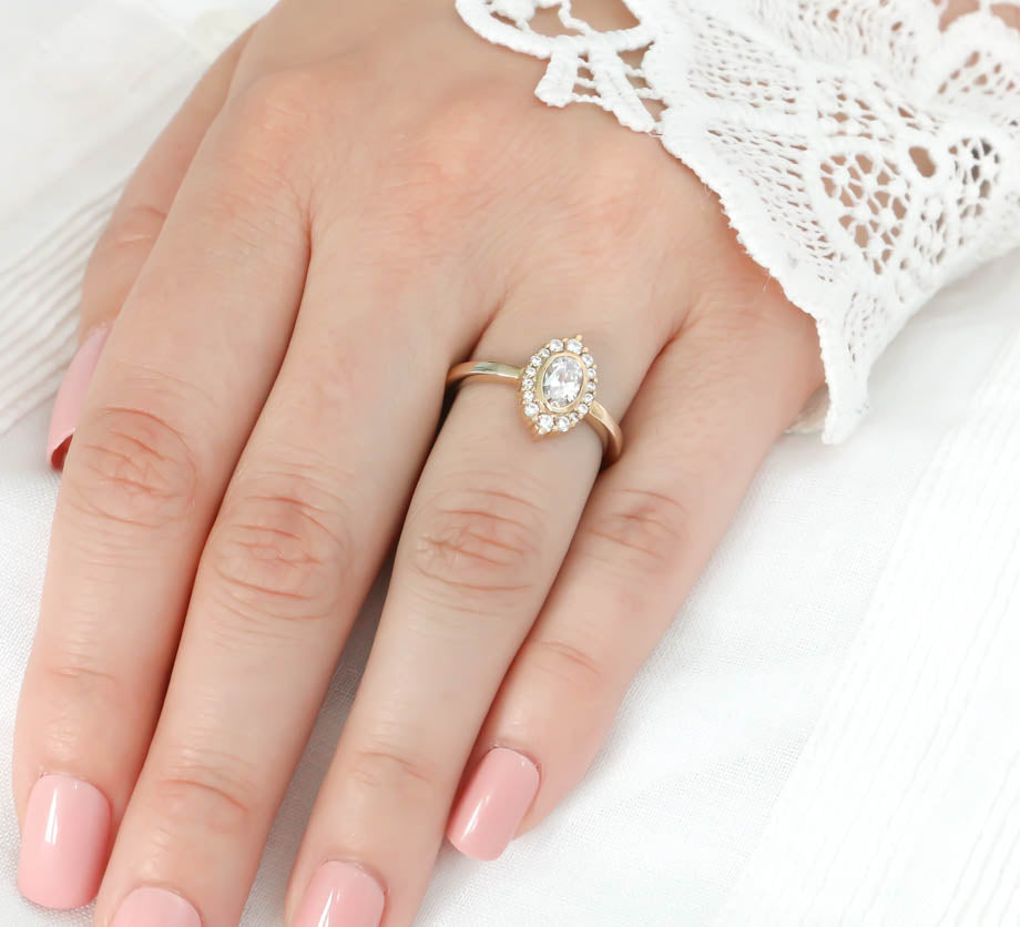 Diamond Halo Oval Moissanite Engagement Ring Bezel Ring Thin Band Ring - Sophia - Moissanite Rings