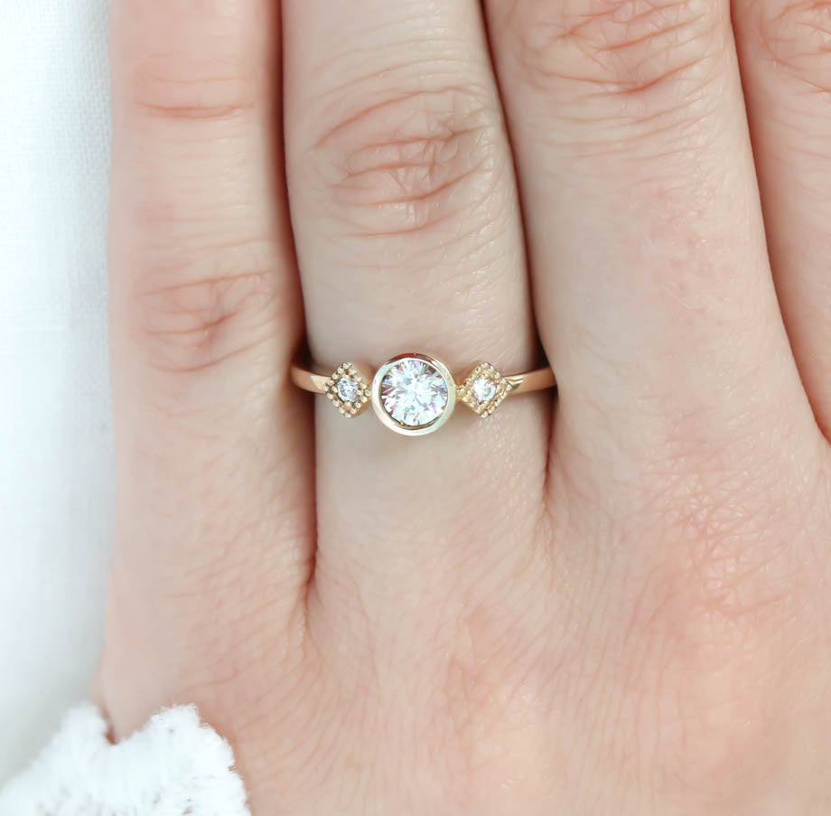 Round Moissanite Engagement Ring Diamond Side Stones Thin Band Setting - Alice - Moissanite Rings