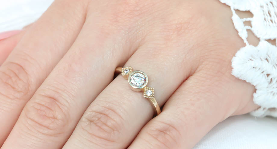 Round Moissanite Engagement Ring Diamond Side Stones Thin Band Setting - Alice - Moissanite Rings