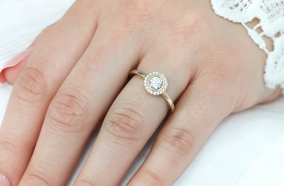 Thin band halo on sale engagement ring