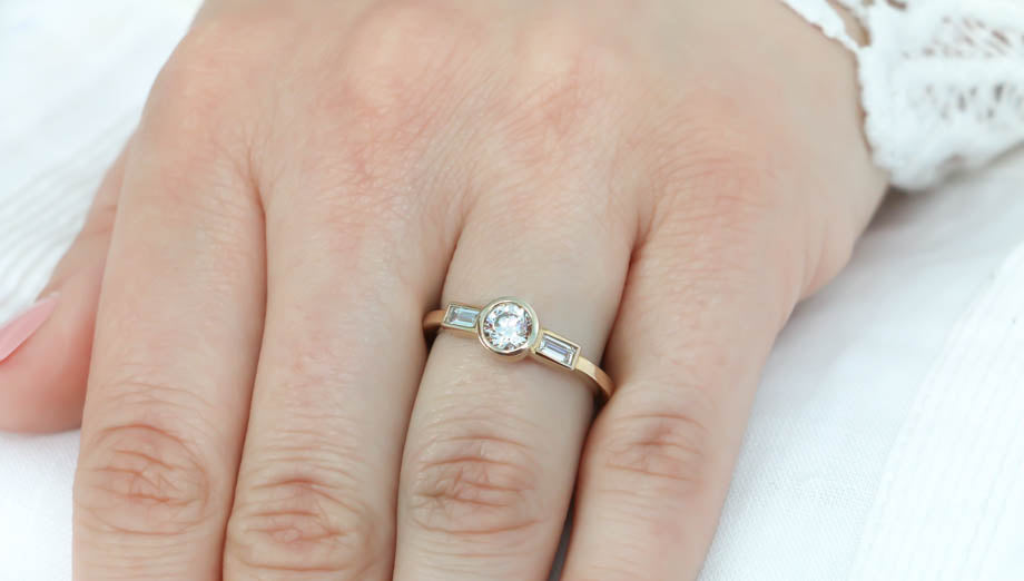 Diamond Baguette and Round Center Engagement Ring Moissanite Diamond Thin Band Ring - Claire - Moissanite Rings