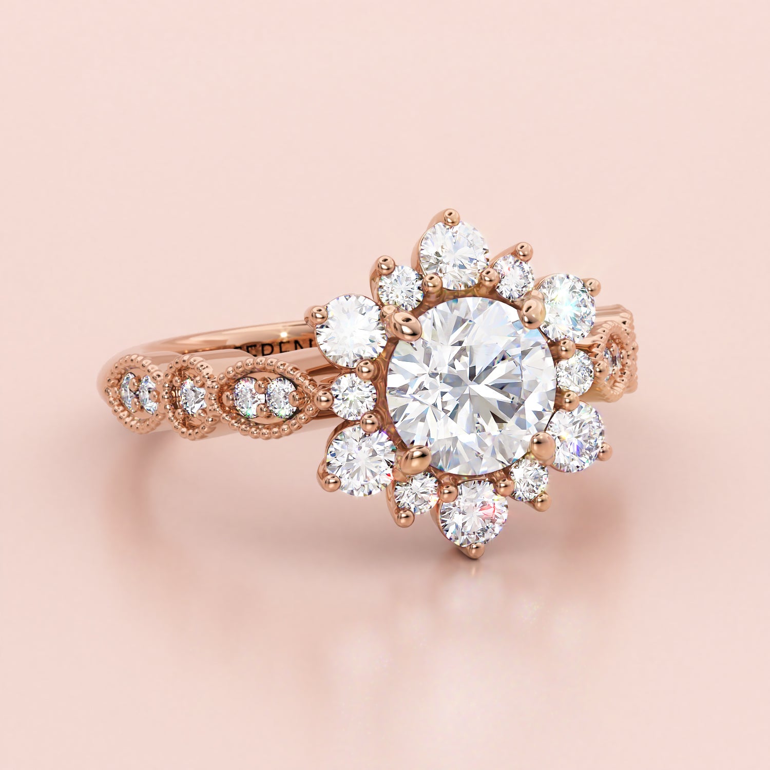 Vintage-Style Engagement Ring with Round Center and Diamond Cluster – Moissanite or Lab-Grown Diamond in Gold or Platinum - Vintage Snowflake