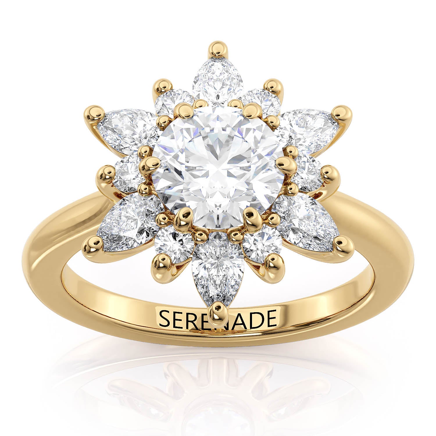 Round Center Engagement Ring with Diamond Halo, Marquise Stones, Plain Band, and Low Setting – Moissanite or Lab-Grown Diamond in Gold or Platinum - Snowflake North Star