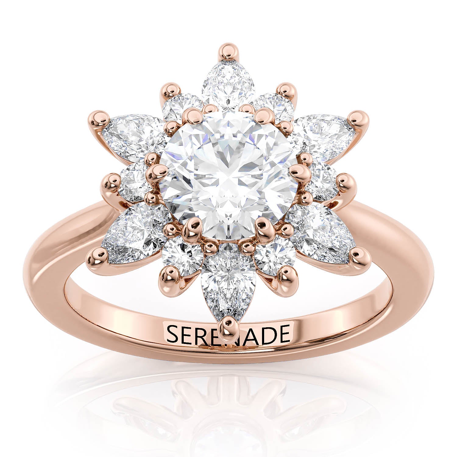 Round Center Engagement Ring with Diamond Halo, Marquise Stones, Plain Band, and Low Setting – Moissanite or Lab-Grown Diamond in Gold or Platinum - Snowflake North Star