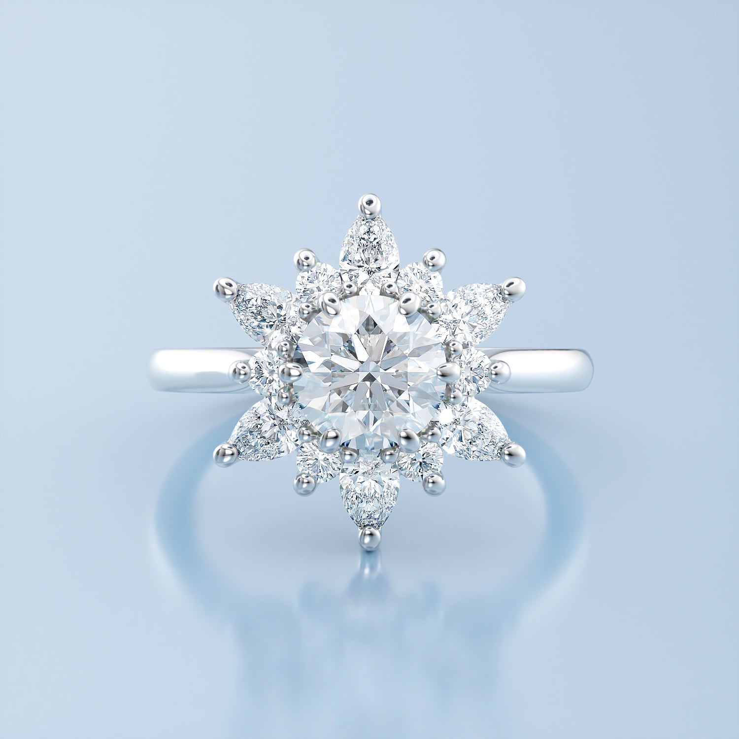 Round Center Engagement Ring with Diamond Halo, Marquise Stones, Plain Band, and Low Setting – Moissanite or Lab-Grown Diamond in Gold or Platinum - Snowflake North Star