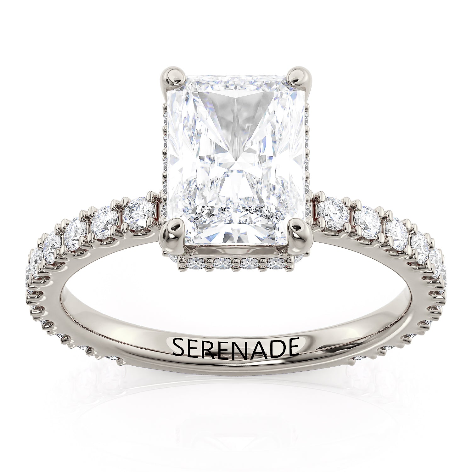 Classic Modern Radiant-Cut Engagement Ring with Hidden Halo and Diamond Accent Sides – Moissanite or Lab-Grown Diamond in Gold or Platinum- Radiance