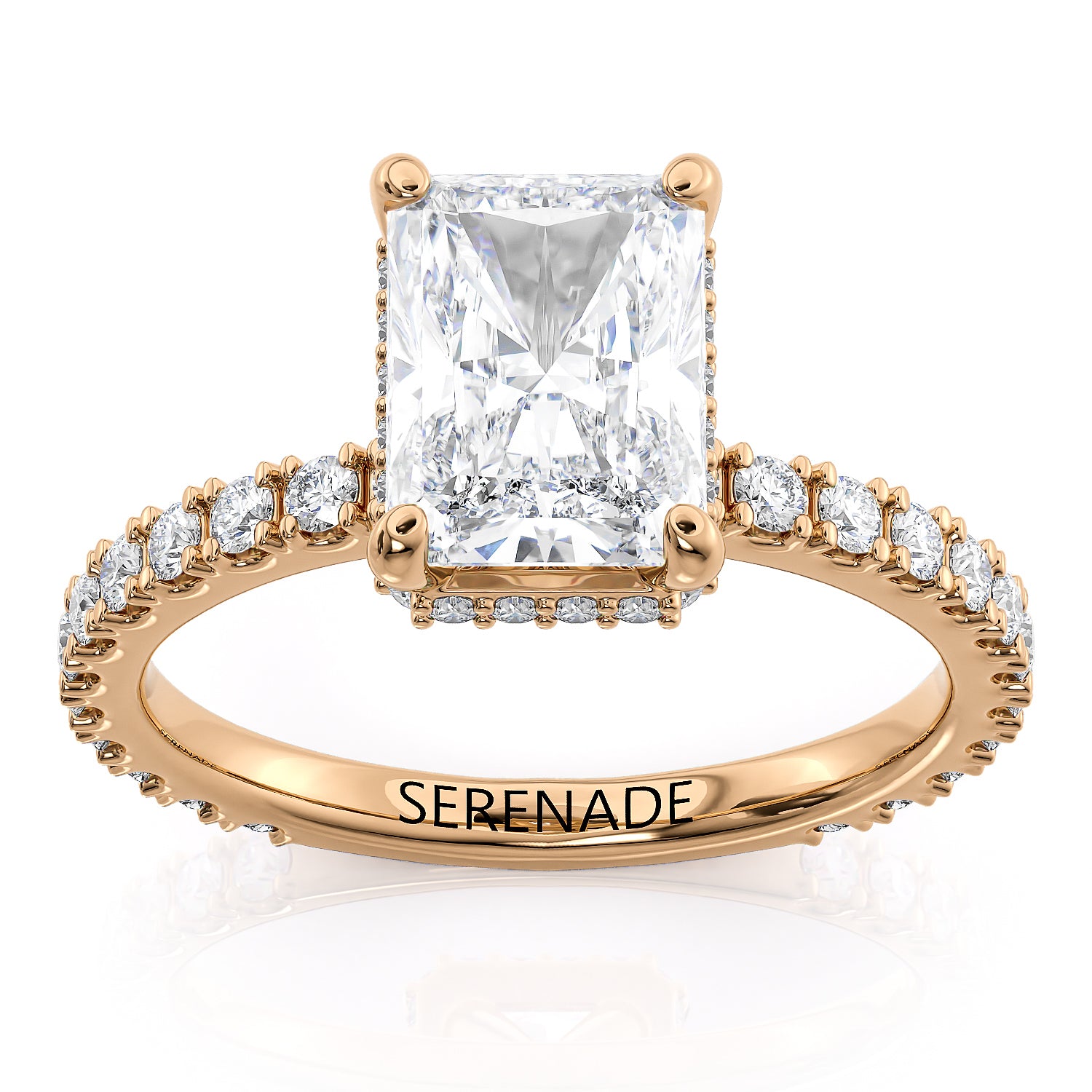 Classic Modern Radiant-Cut Engagement Ring with Hidden Halo and Diamond Accent Sides – Moissanite or Lab-Grown Diamond in Gold or Platinum- Radiance