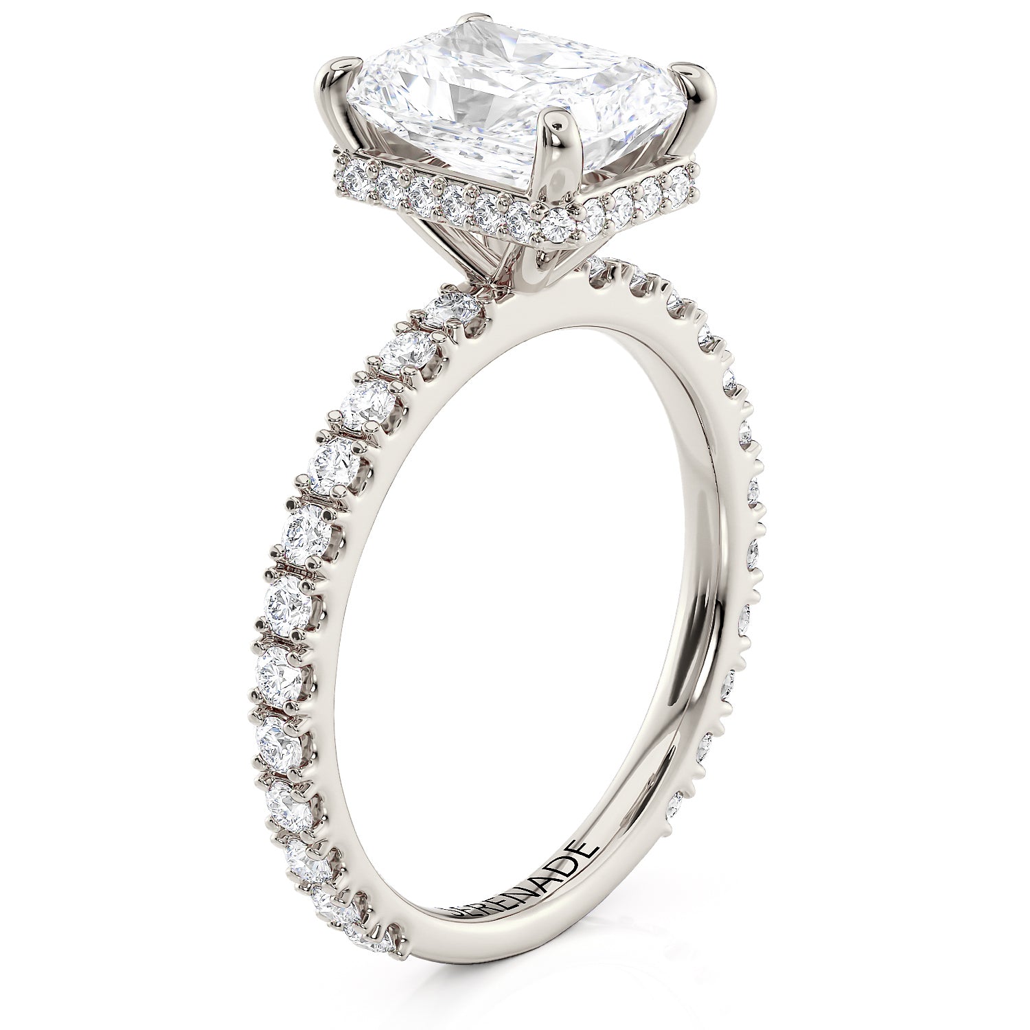 Classic Modern Radiant-Cut Engagement Ring with Hidden Halo and Diamond Accent Sides – Moissanite or Lab-Grown Diamond in Gold or Platinum- Radiance