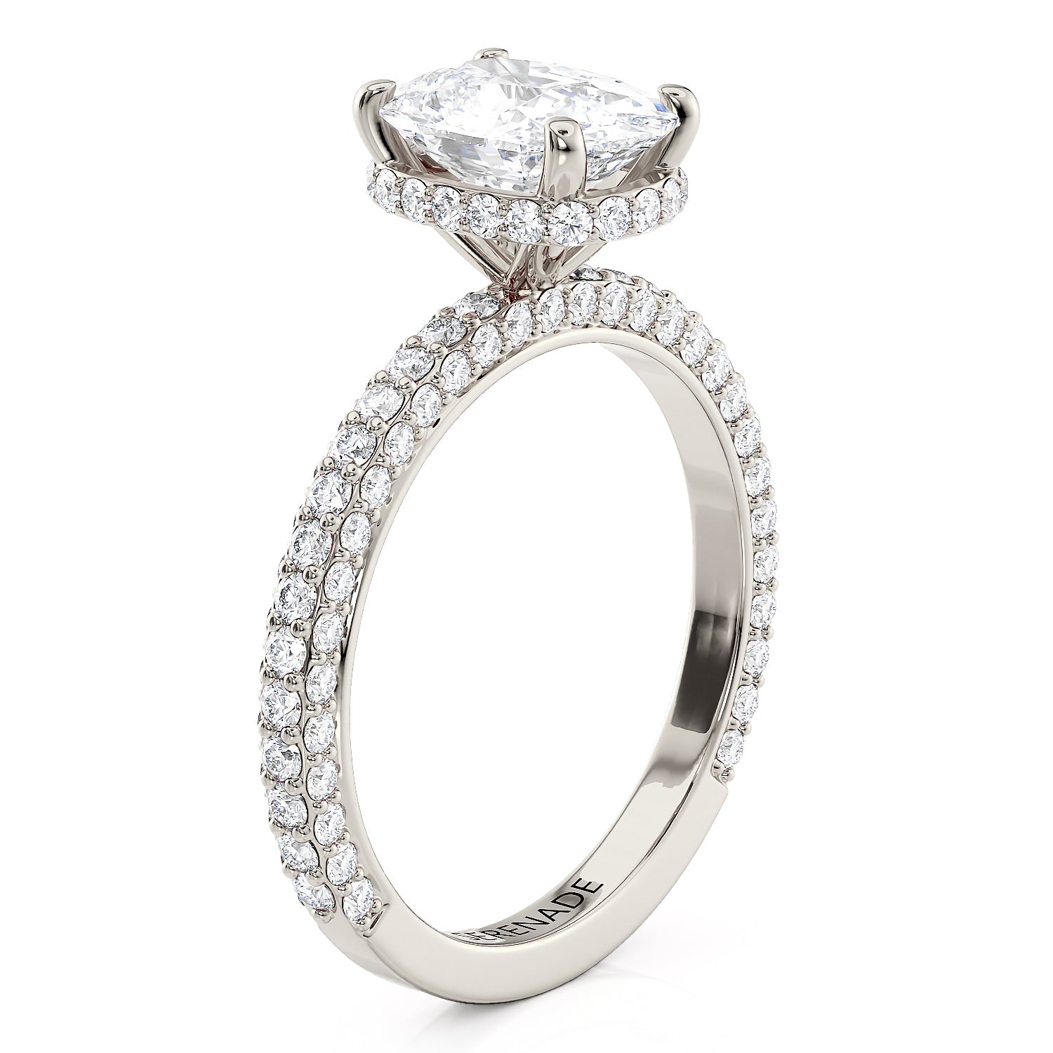 Three Row Elongated Cushion Center Engagement Ring Diamond Hidden Halo Setting - Nala