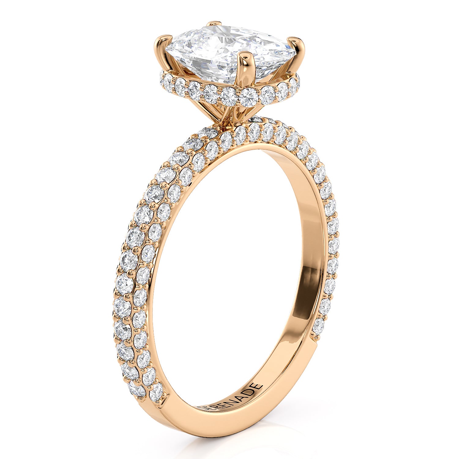 Three Row Elongated Cushion Center Engagement Ring Diamond Hidden Halo Setting - Nala