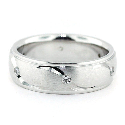 Men's Diamond  Wedding Band Carved Accents - Fly Away With Me - Moissanite Rings