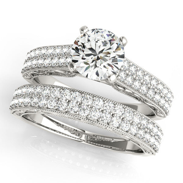 Double Diamond Band Moissanite Engagement Ring and Matching Diamond Wedding Band  - Delilah - Moissanite Rings