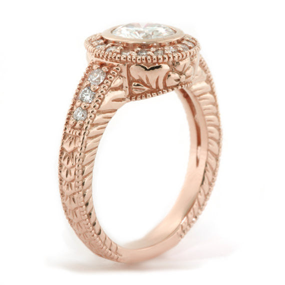 Bezel Set Moissanite Engagement Ring Carved Vintage Style - Kat - Moissanite Rings
