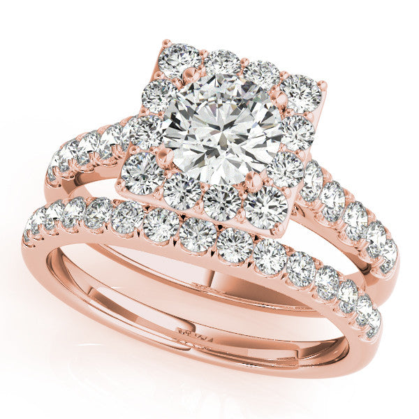 Square Shape Diamond Halo Wedding Set 7.5mm  Round Moissanite Center - Lina - Moissanite Rings