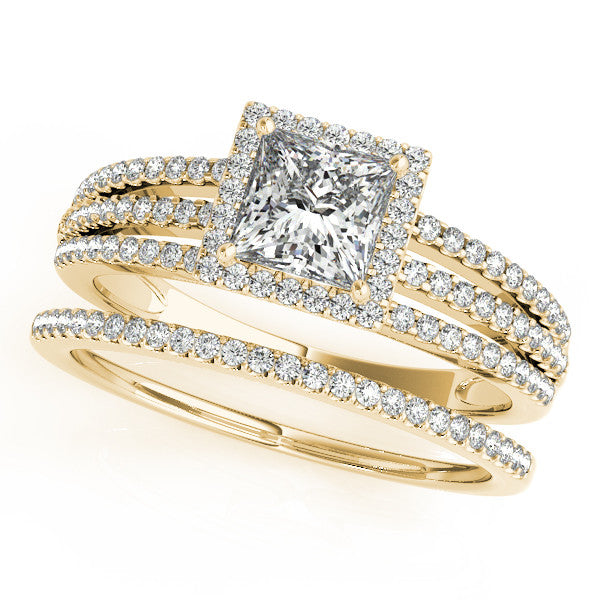 Princess Cut Wedding Set Diamond Halo Engagement Ring  and Wedding Band - Rain - Moissanite Rings