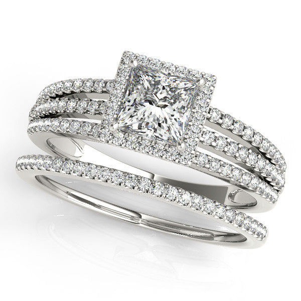 Princess Cut Wedding Set Diamond Halo Engagement Ring  and Wedding Band - Rain - Moissanite Rings