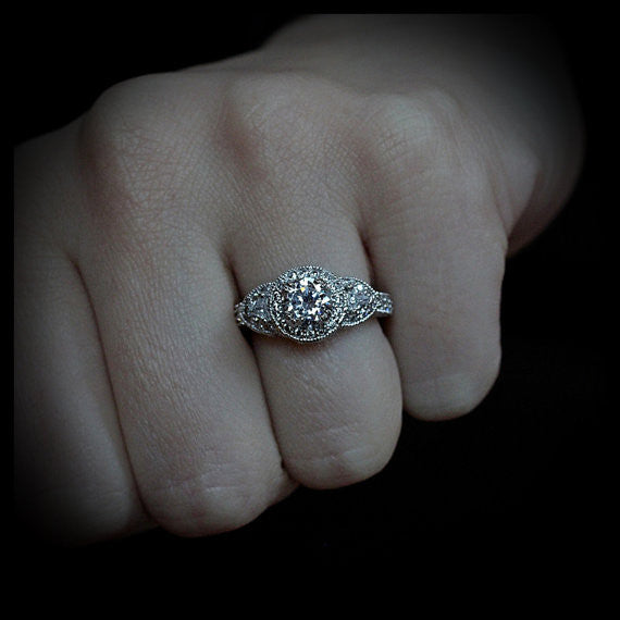 Three Stone Vintage Style Engagement Ring - Lauren - Moissanite Rings