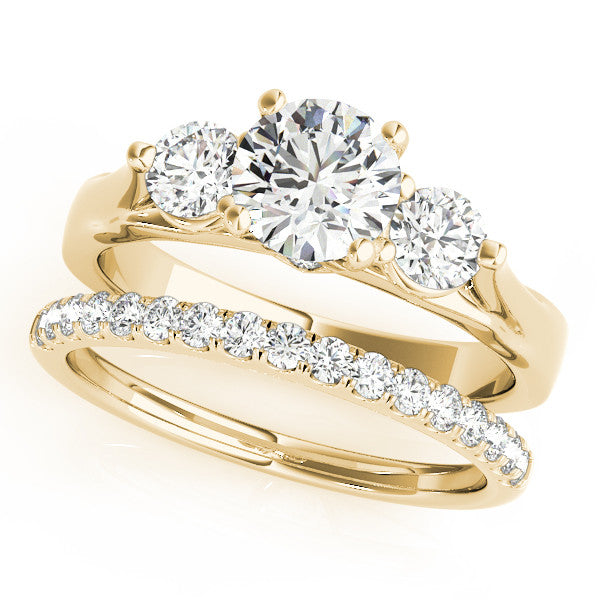 Three Stone Engagement Ring  and Diamond Wedding Band - May - Moissanite Rings