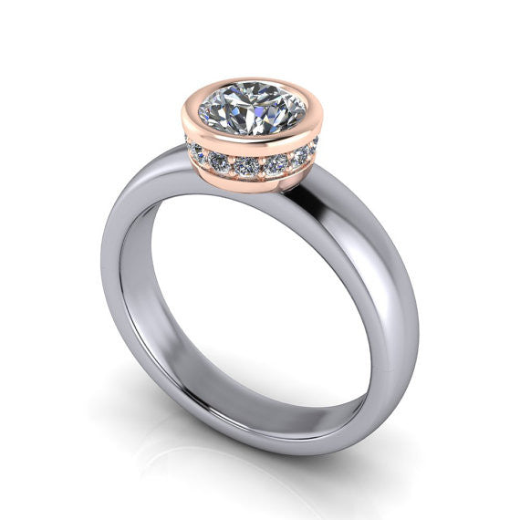 Two Tone Bezel Set  Moissanite Solitaire Engagement Ring- Wrapped in Love II Rose and White - Moissanite Rings