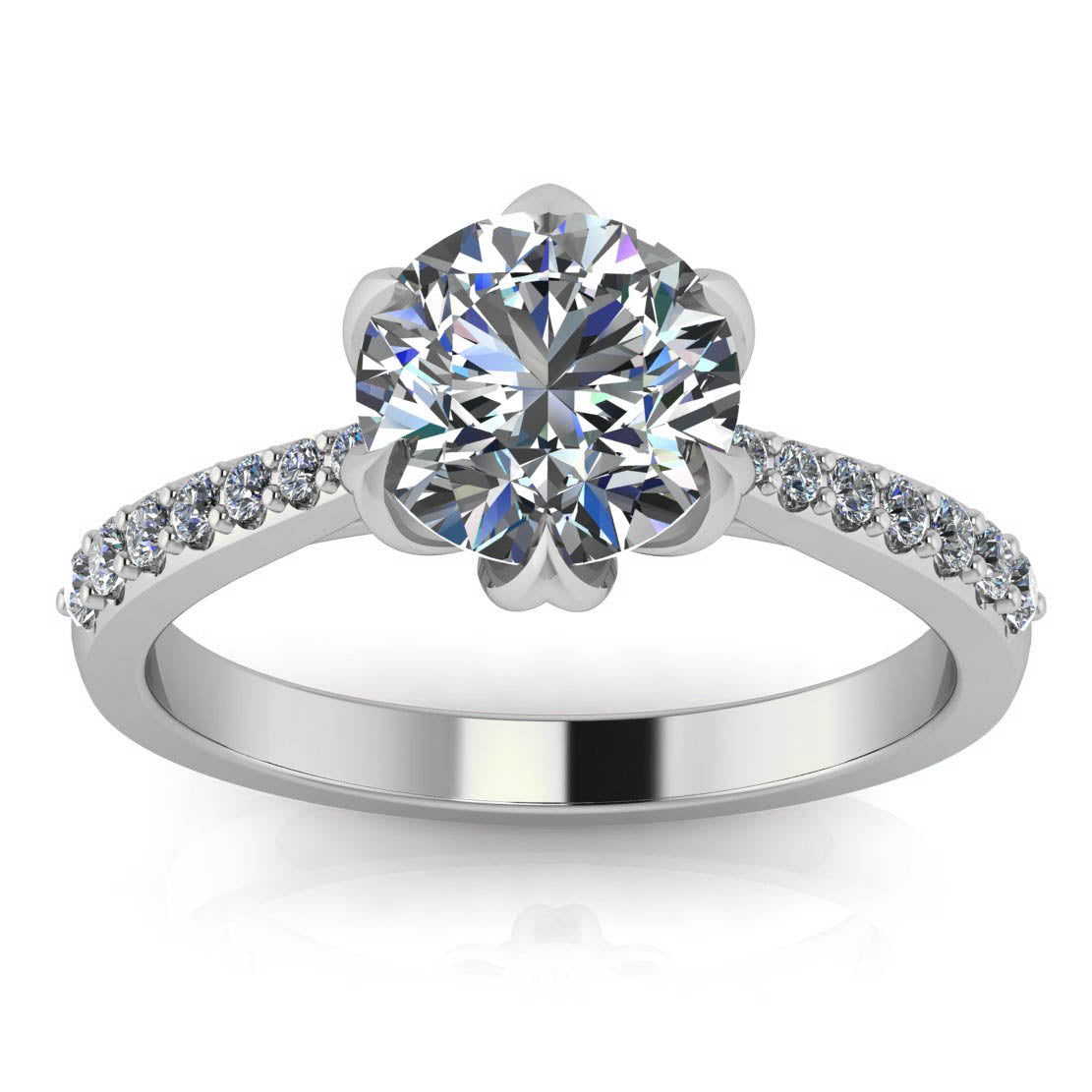 Floral Head Diamond Setting Moissanite Center Engagement Ring - Poppy - Moissanite Rings