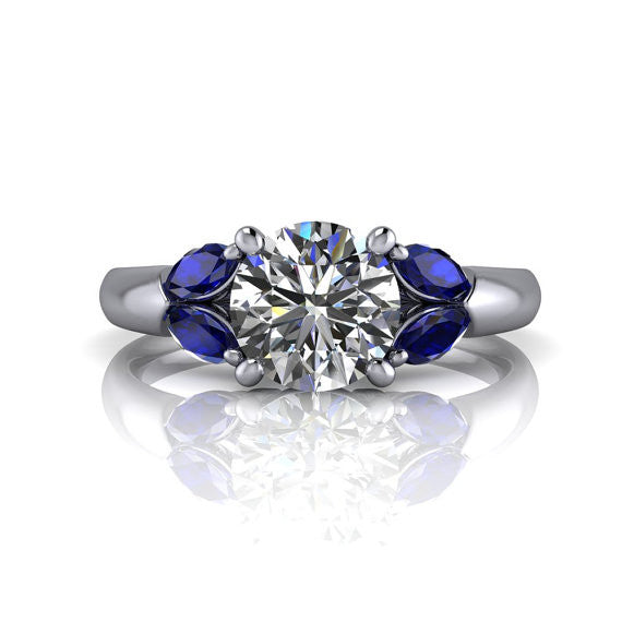 Blue Sapphire and Moissanite Engagement Ring - Petalos - Moissanite Rings
