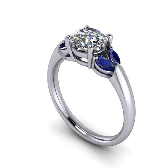 Blue Sapphire and Moissanite Engagement Ring - Petalos - Moissanite Rings