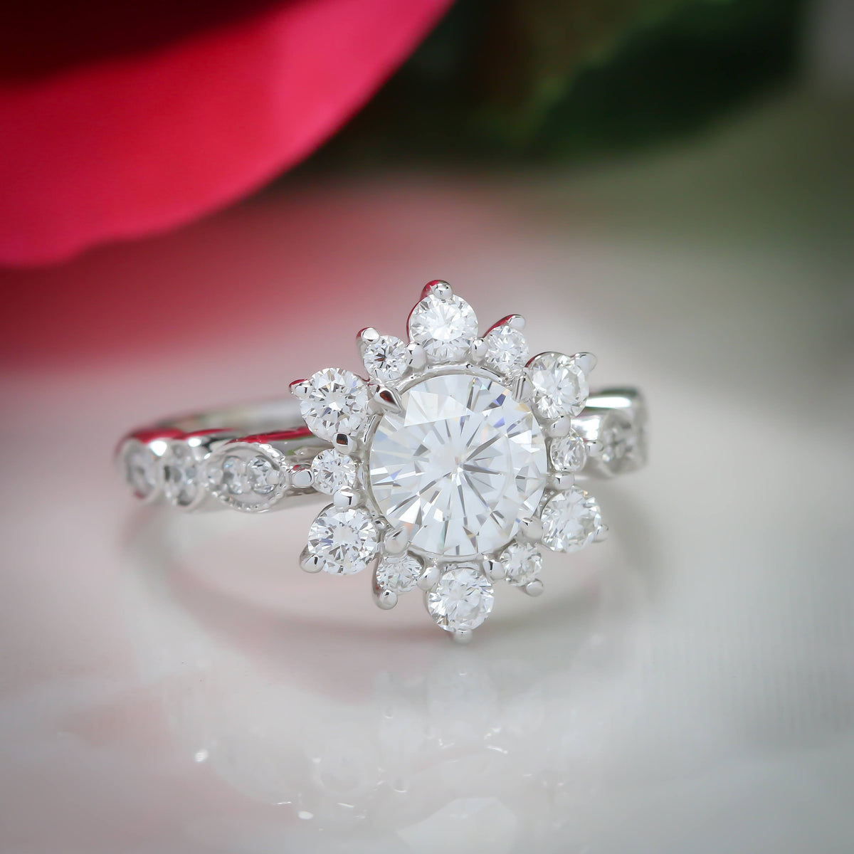 Vintage Band Snowflake Engagement Ring Diamond Setting Moissanite Center - Vintage Snowflake - Moissanite Rings
