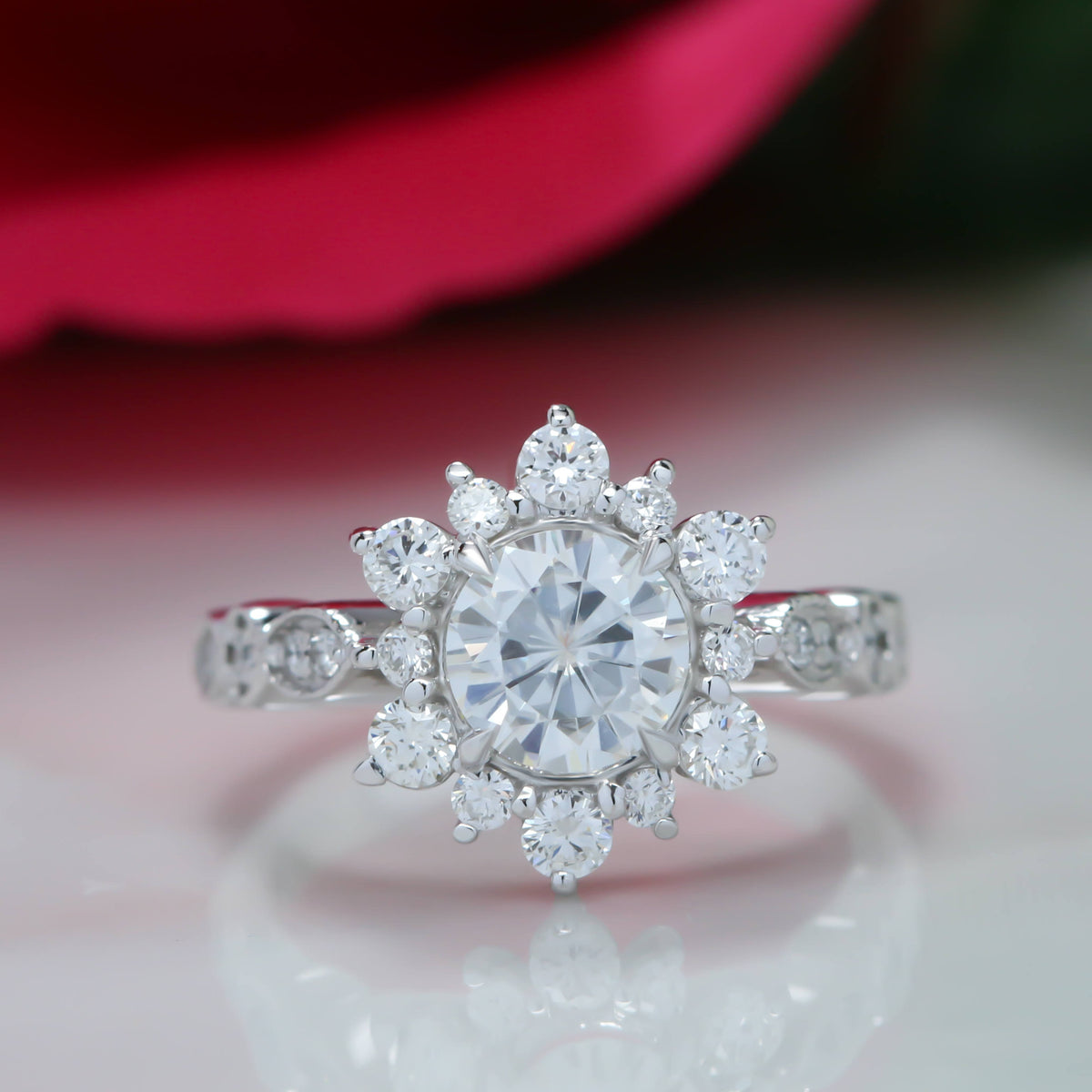 Vintage Band Snowflake Engagement Ring Diamond Setting Moissanite Center - Vintage Snowflake - Moissanite Rings