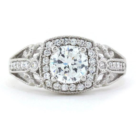 Vintage Style Diamond Halo Moissanite Engagement Ring - Layne - Moissanite Rings